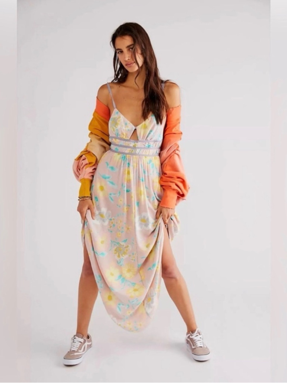 Free People Wisteria Pastel Floral Printed Cutouts Maxi Dress